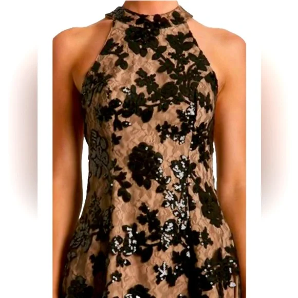 Dress the Population Black and Tan Sequin Halter Mini Dress - Picture 3 of 7